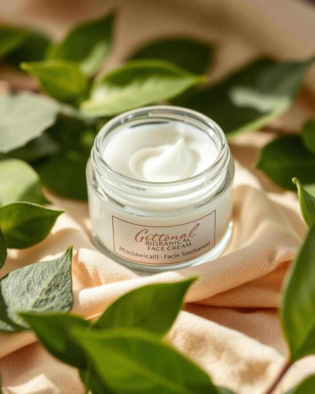 Crema botánica natural rodeada de hojas verdes